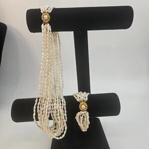 10 Strand Freshwater Pearl Necklace & Bracelet VTG Gold Vermeil Silver Clasp